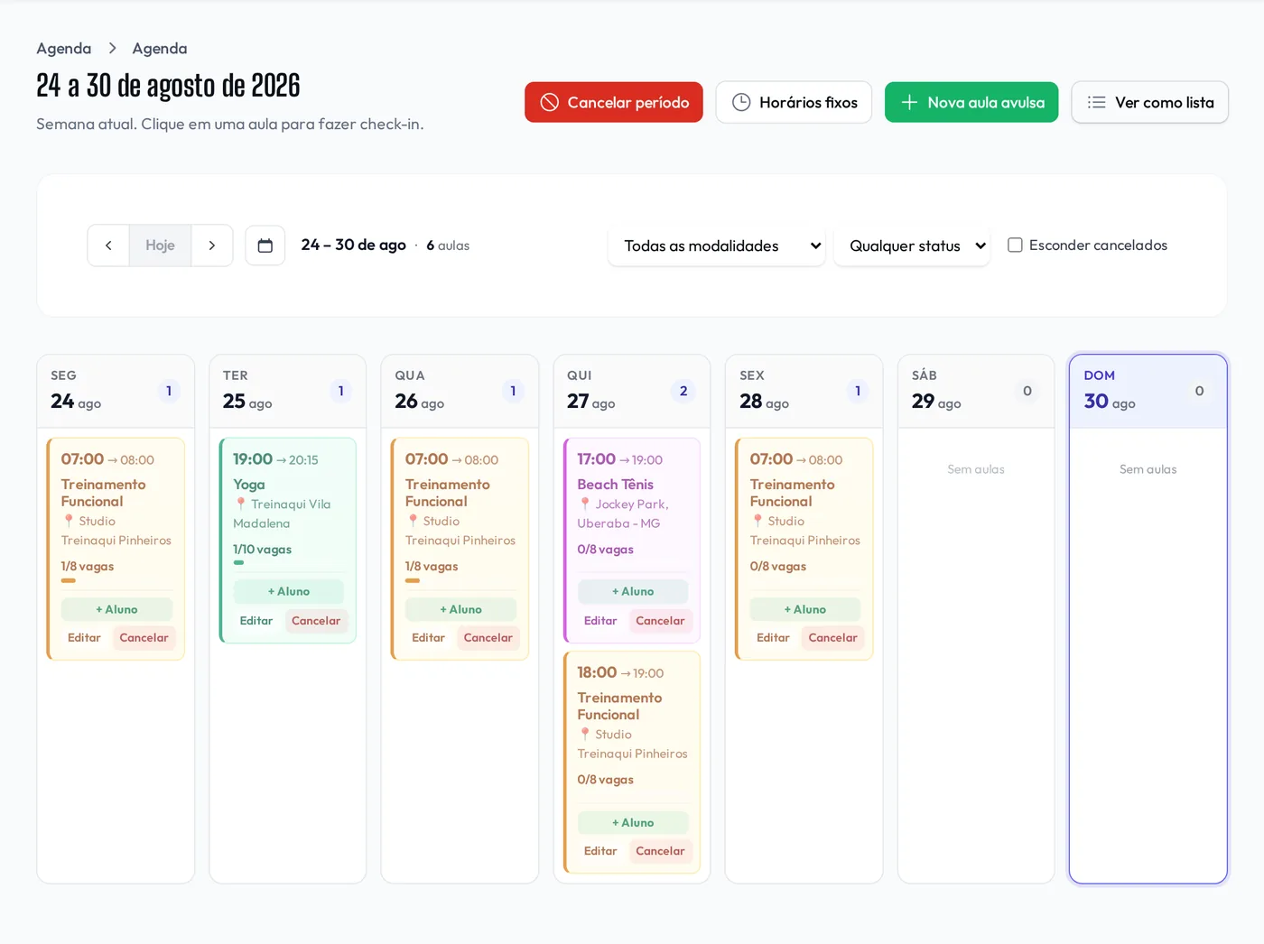 Agenda semanal do Treinaqui com as aulas de cada dia, modalidade, local e vagas ocupadas.