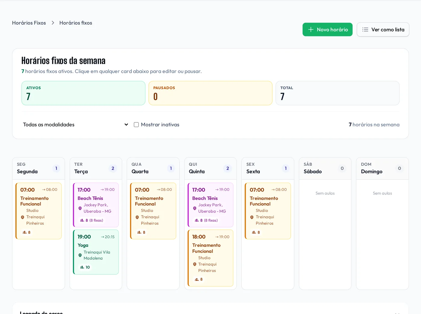 Horários fixos da semana, com sete aulas recorrentes ativas por modalidade, local e número de alunos fixos.